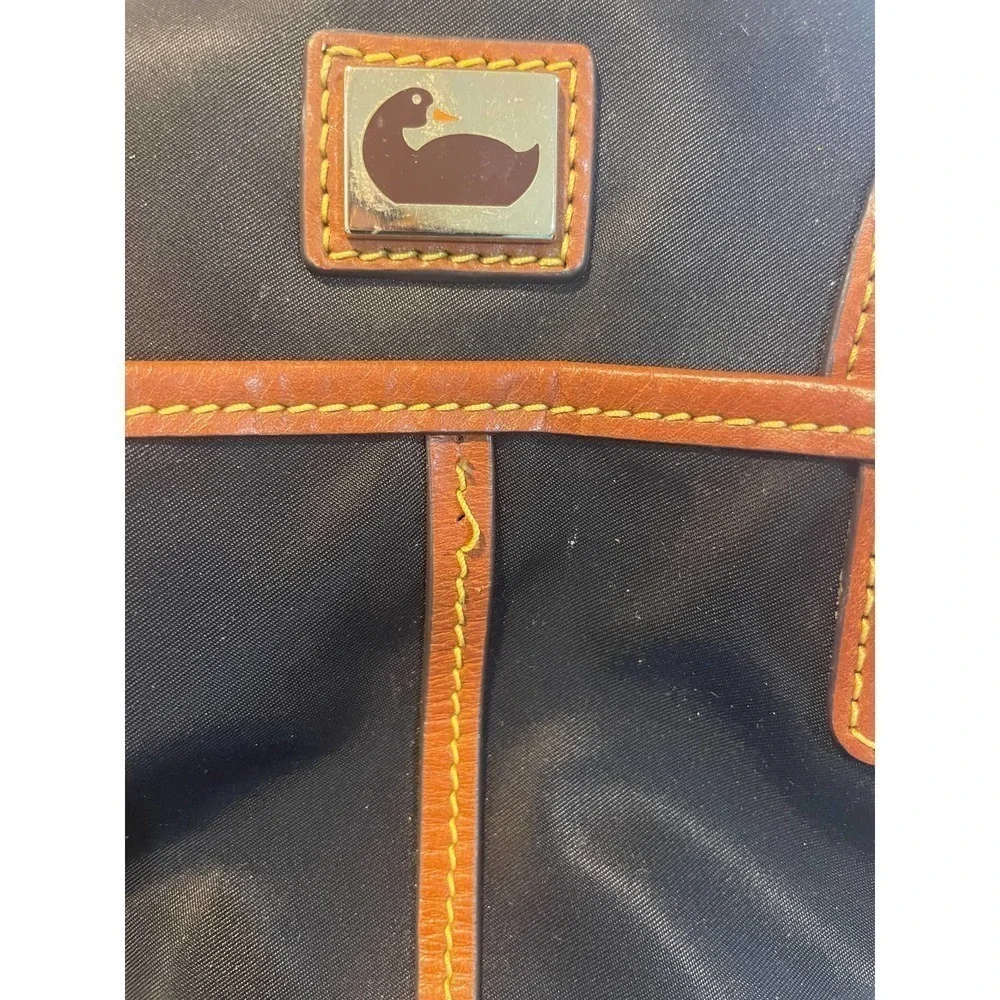 Dooney & Bourke Camden Saffiano Black Nylon Satchel w Brown Leather Trim